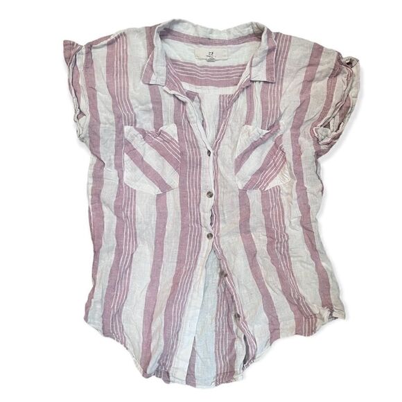 THREAD & SUPPLY DUSTY PINK STRIPED SHORT SLEEVE BUTTON DOWN LINEN SHIRT SMALL - Picture 4 of 8